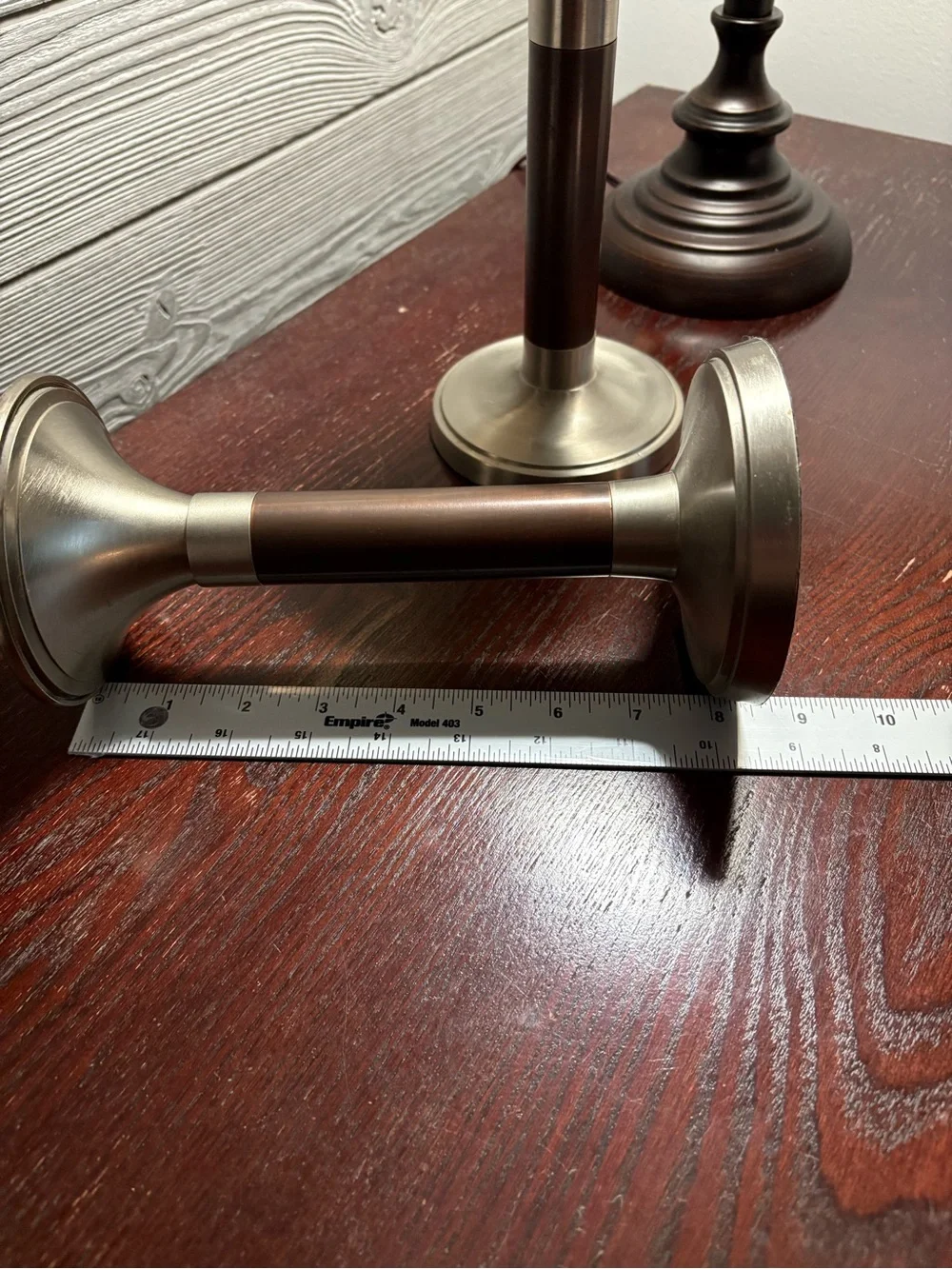 Modern Metal & Dark Wood Candlestick Pair 8”tall